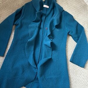 Eva Tralala Boiled Wool Cardigan Jacket w Ruffle Teal Blue Sz M Made in France